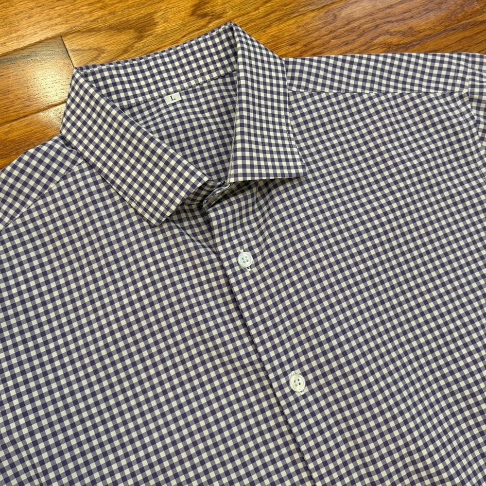 State & Liberty Button Down Dress Shirt Mens Large Purple White Gingham Stretch